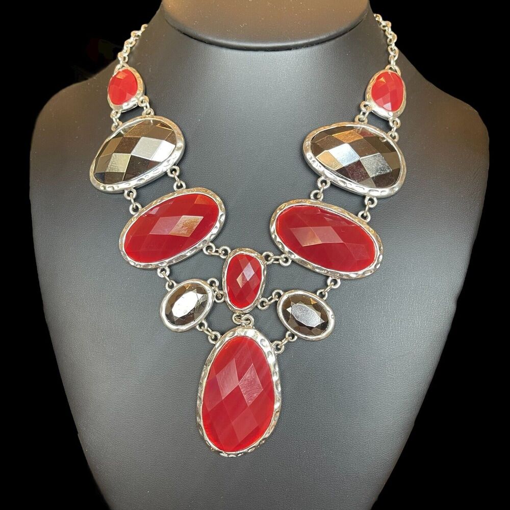 Erica Lyons Statement Bib Necklace Red Silver Black Geometric Chunky Costume 18"
